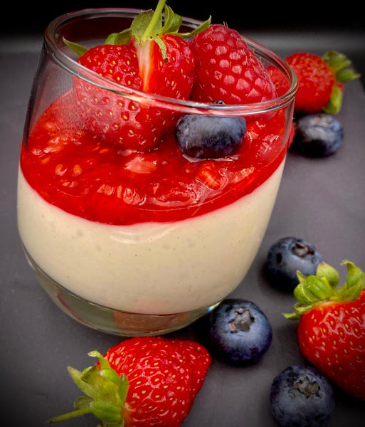 Vegan White Chocolate Panna Cotta with Berry Compote