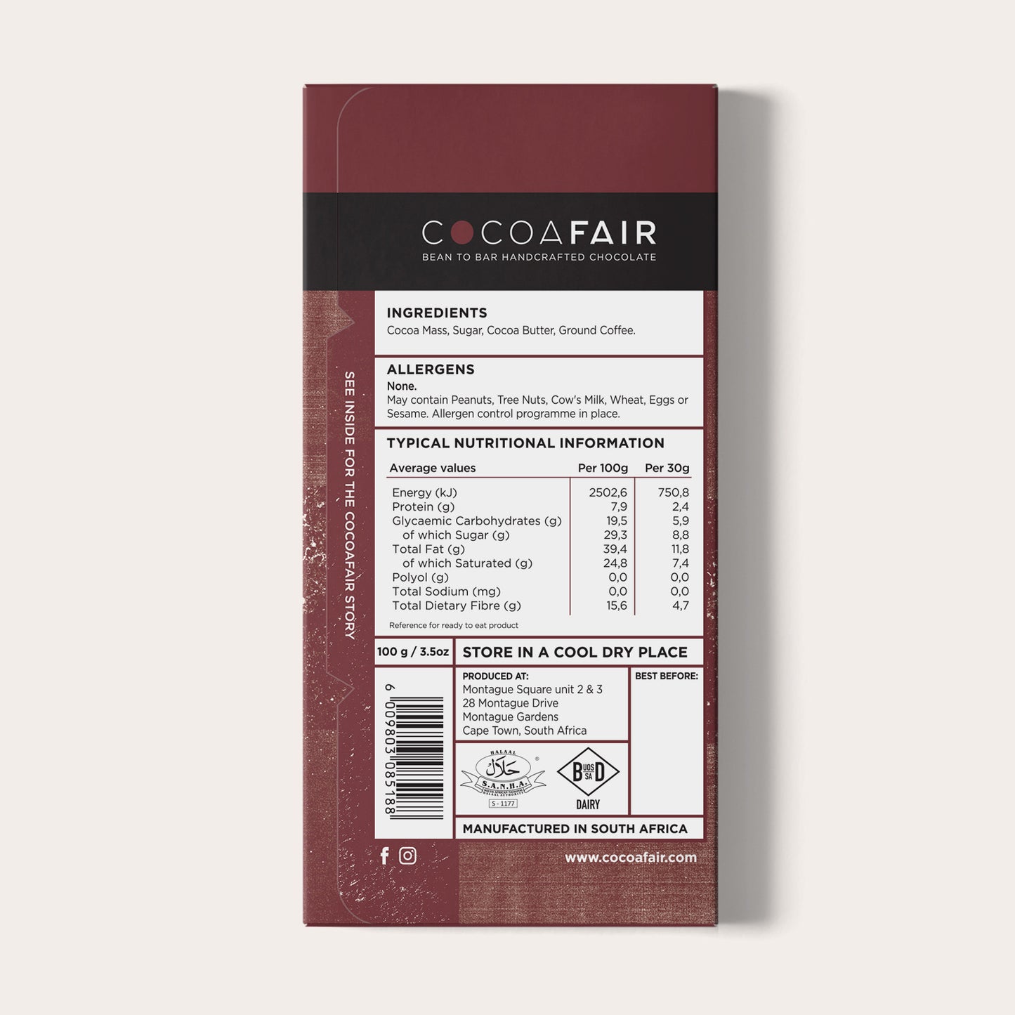 COCOAFAIR 100g 71% Dark Chocolate Packaging shot - Back view, Brown packaging on white background. Coffee flavoured chocolate.