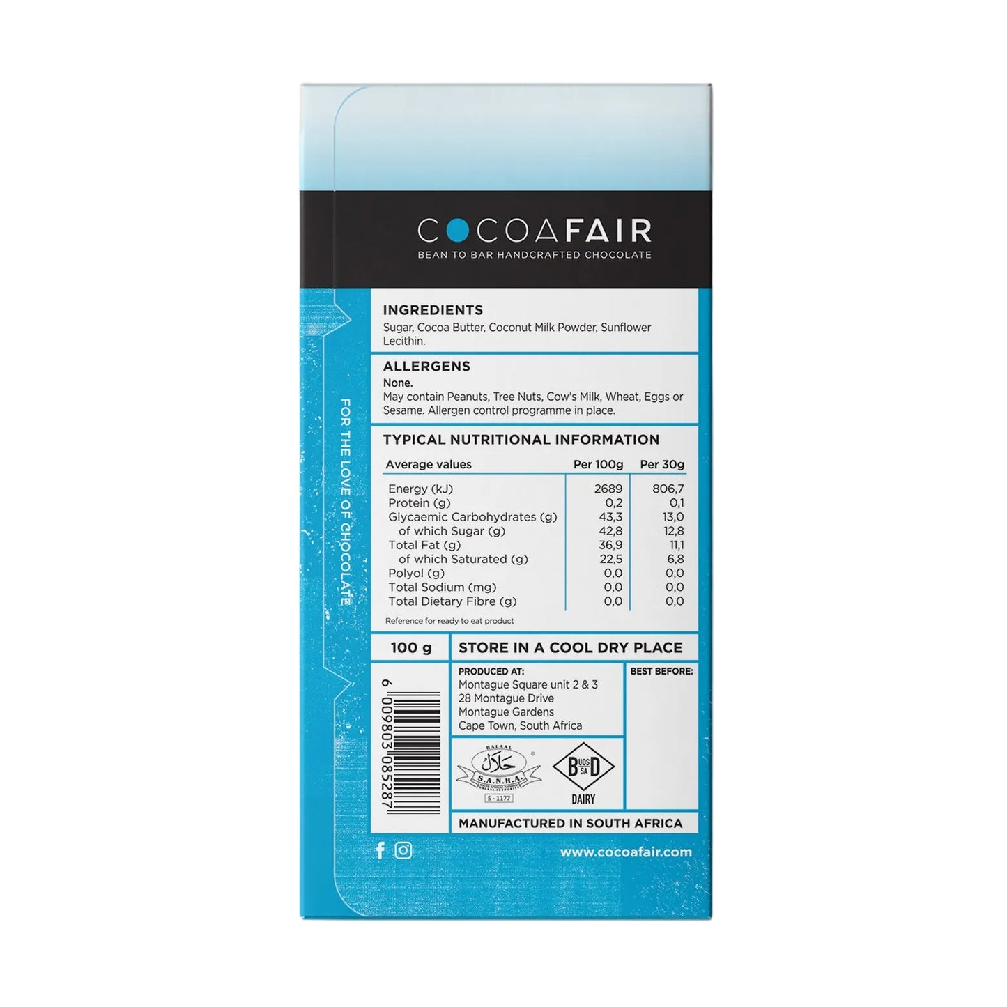 COCOAFAIR 100g 35% White Chocolate Packaging shot - Back view, Blue packaging on white background. Vegan Chocolate