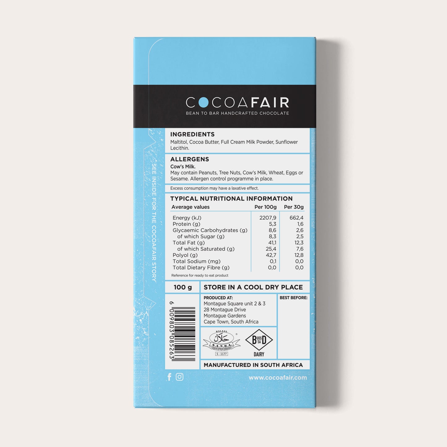 COCOAFAIR 100g 35% White Chocolate with No Added Sugar, Packaging shot - Back view, Blue packaging on white background.