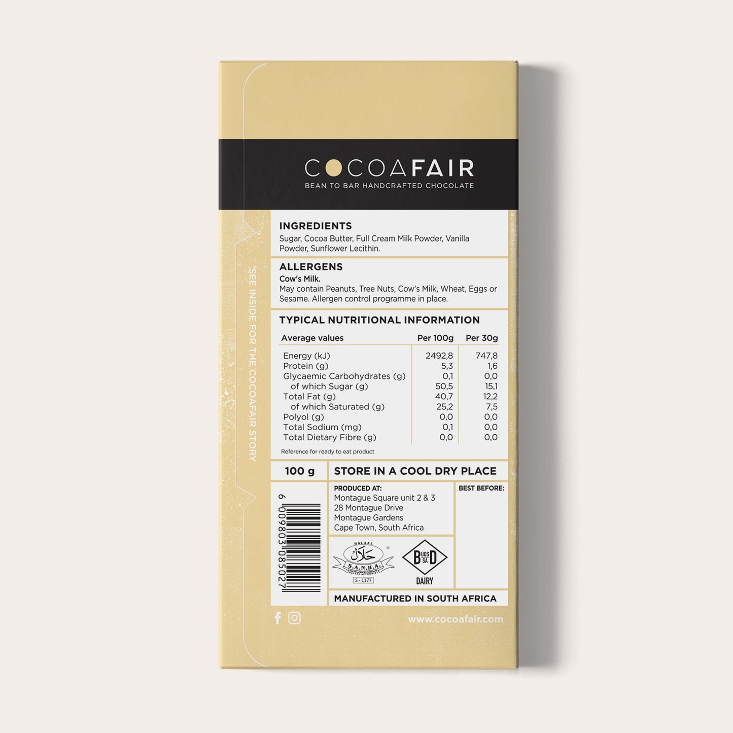COCOAFAIR 100g 35% White Chocolate Packaging shot - Back view, Cream packaging on white background. Vanilla flavoured chocolate.
