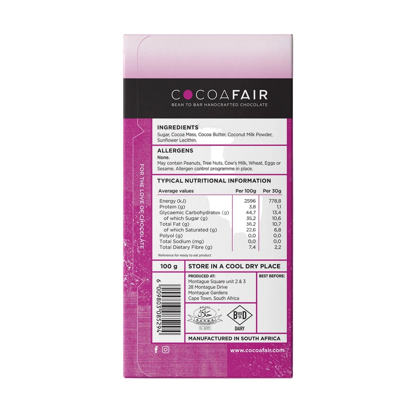 COCOAFAIR 100g 45% MYLK Chocolate Packaging shot - Back view, purple packaging on white background. Vegan Chocolate