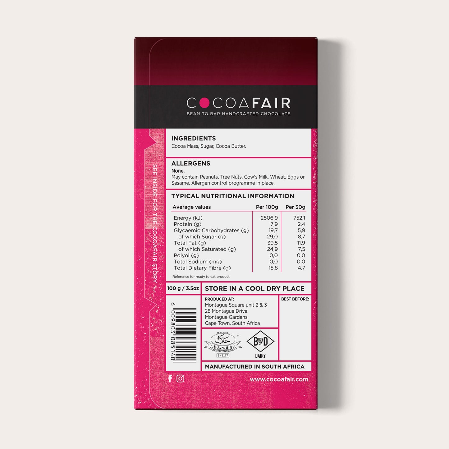 COCOAFAIR 100g 71% Dark Chocolate Packaging shot - Back view, Pink packaging on white background.