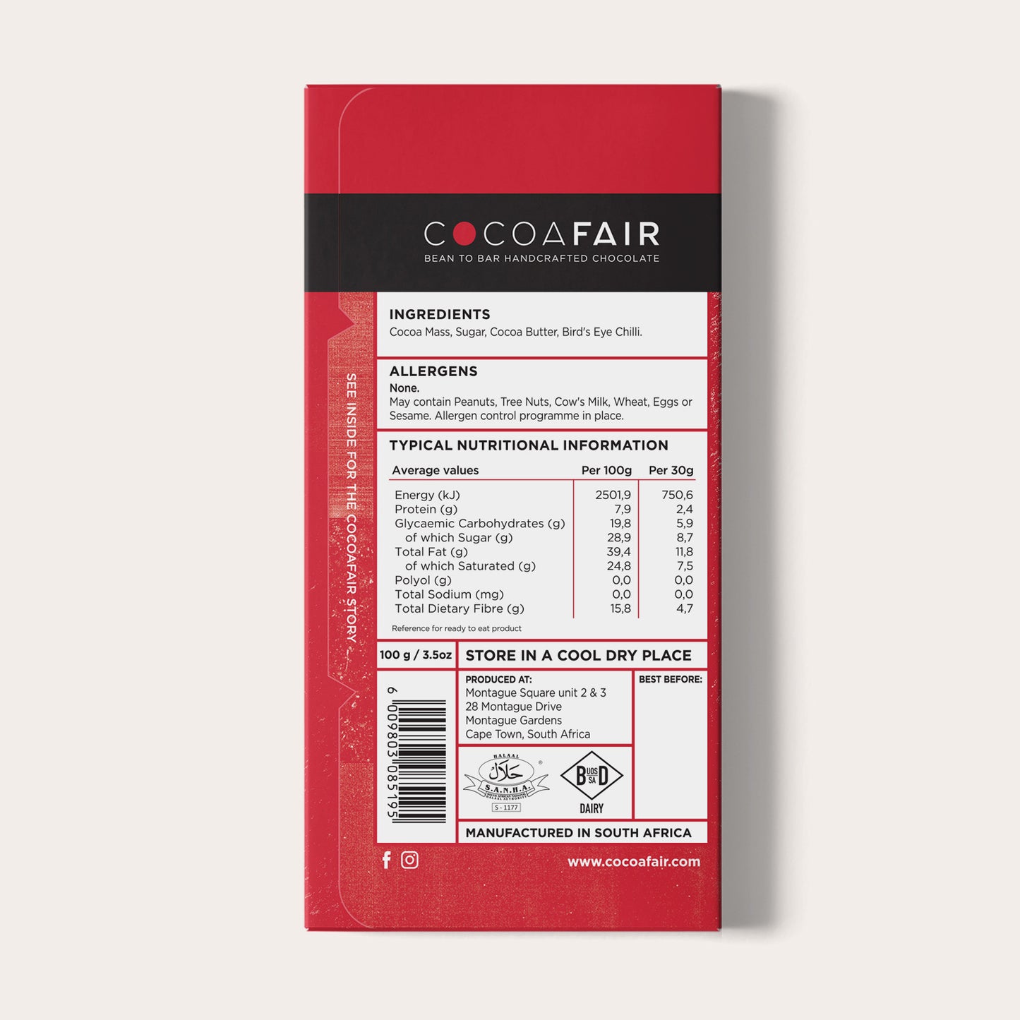 COCOAFAIR 100g 71% Dark Chocolate Packaging shot - Back view, Red packaging on white background. Chilli flavoured chocolate.