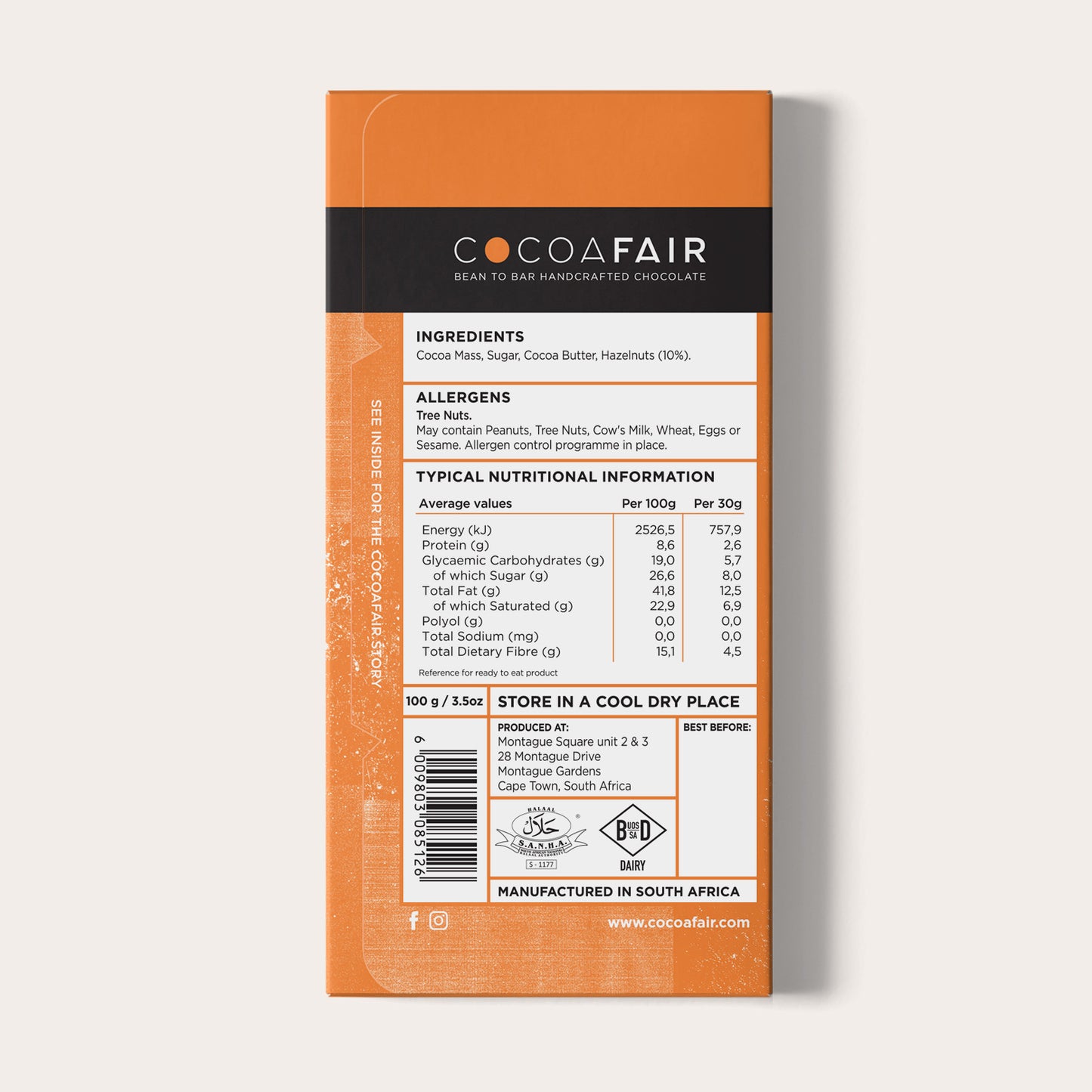 COCOAFAIR 100g 71% Dark Chocolate Packaging shot - Back view, Orange packaging on white background. Hazelnut flavoured chocolate