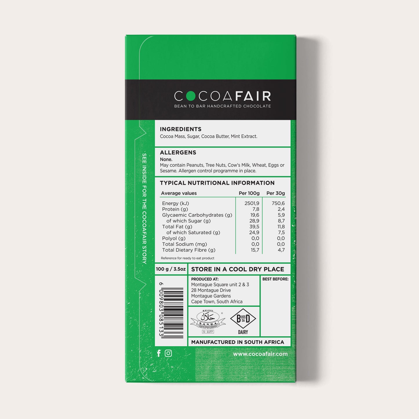 COCOAFAIR 100g 71% Dark Chocolate Packaging shot - Back view, Green packaging on white background. Mint flavoured chocolate