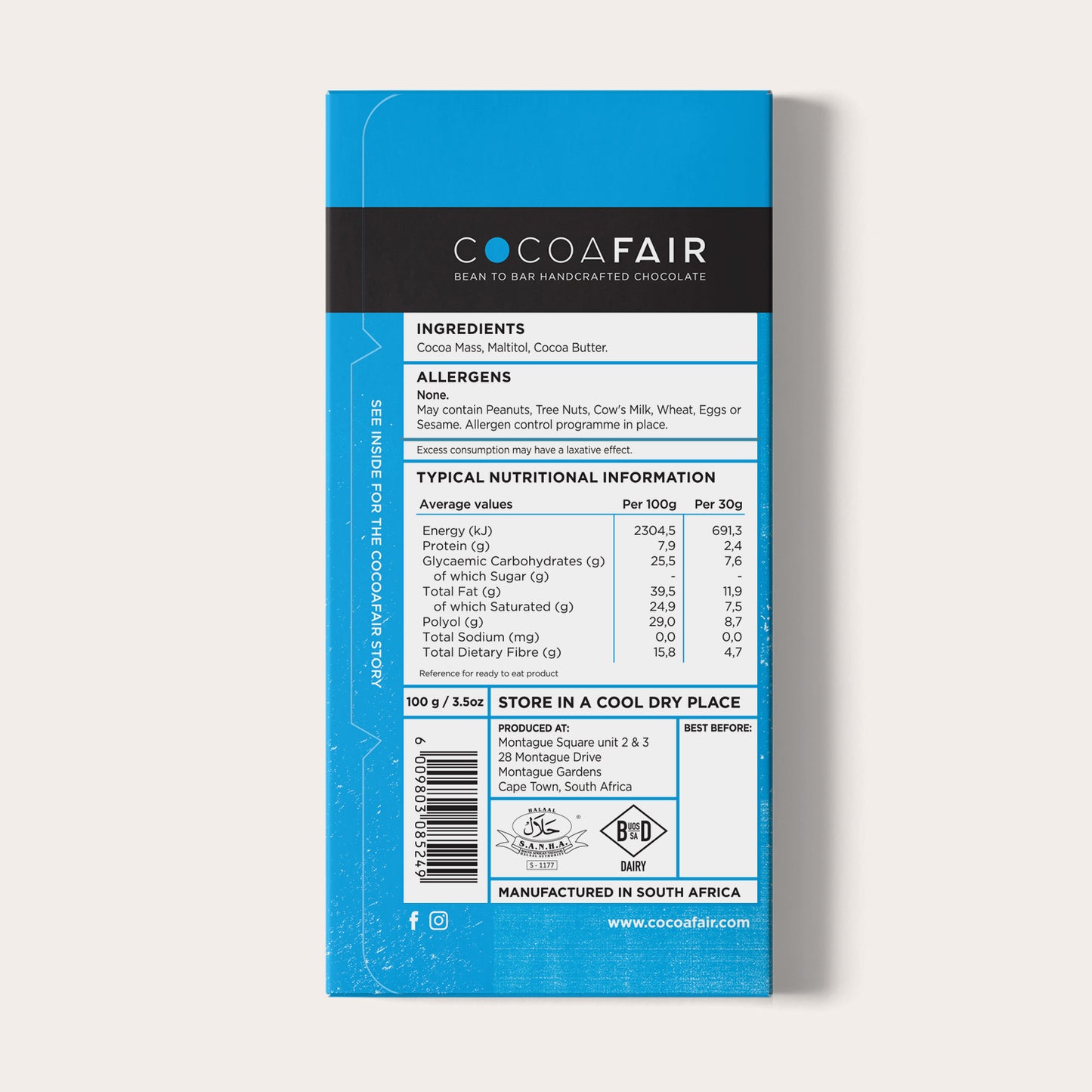 COCOAFAIR 100g 71% Dark Chocolate Packaging shot - Back view, Blue packaging on white background. Sugar free chocolate.