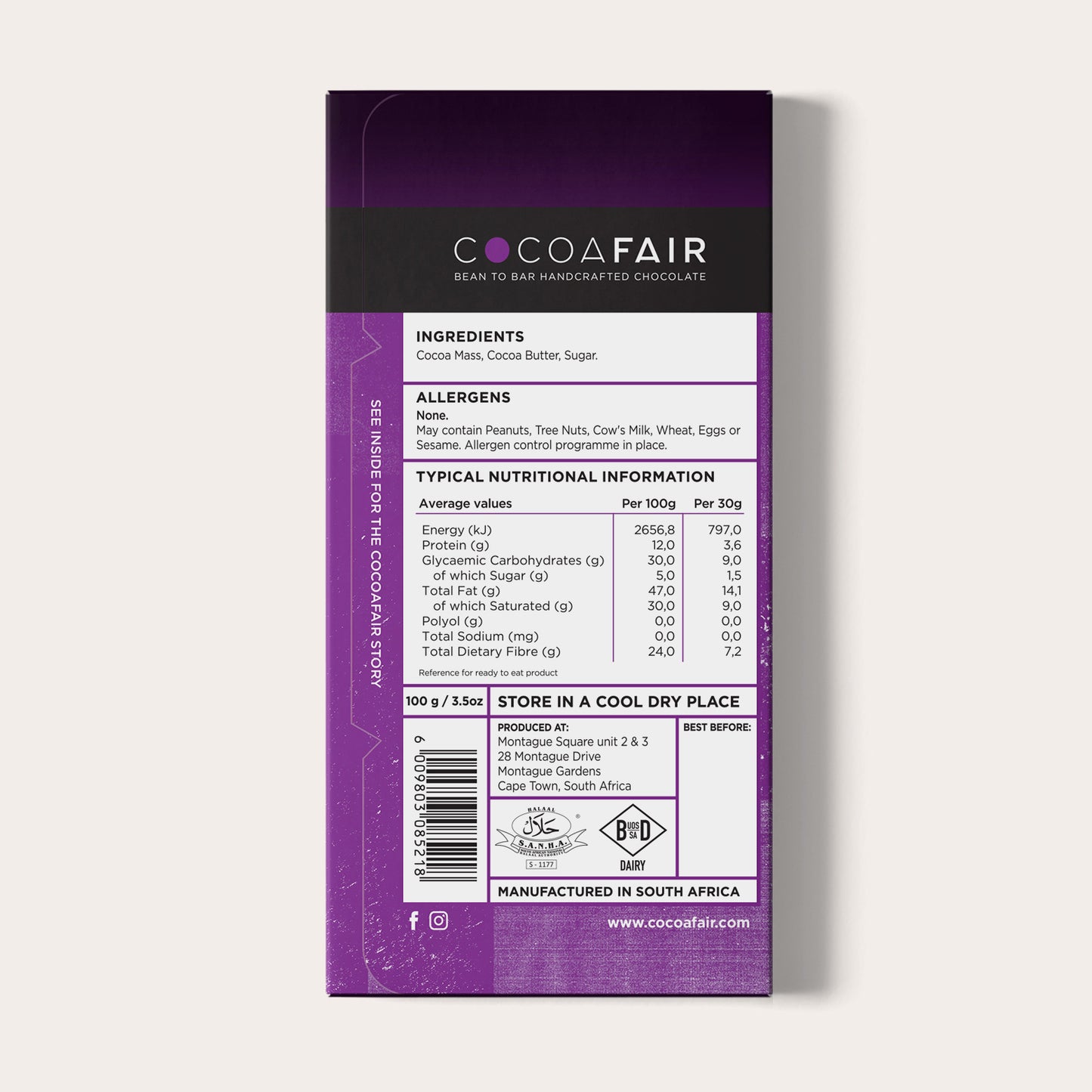 COCOAFAIR 100g 95% Dark Chocolate Packaging shot - Back view, Purple packaging on white background.