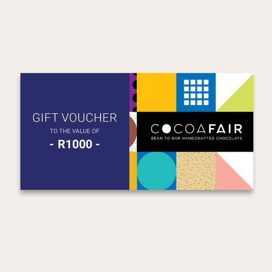 Digital card with text reading "Gift Voucher to the Value of R1000" and cocoafair geometric pattern and logo