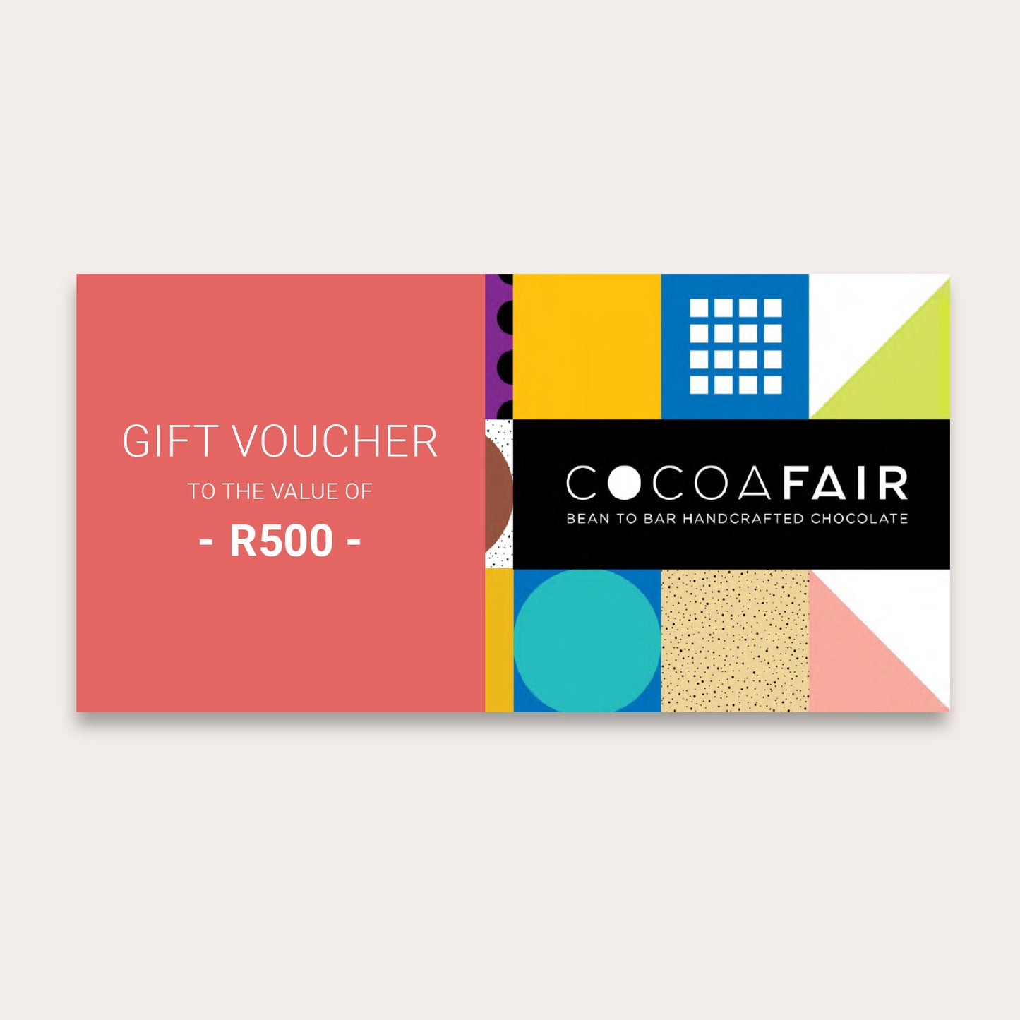 Digital card with text reading "Gift Voucher to the Value of R500" and cocoafair geometric pattern and logo