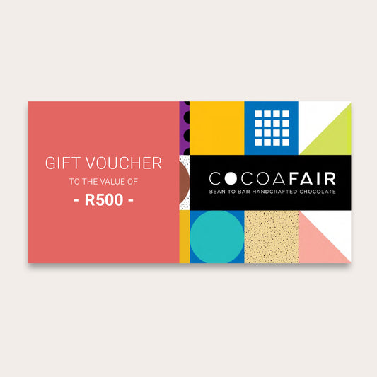 Digital card with text reading "Gift Voucher to the Value of R500" and cocoafair geometric pattern and logo