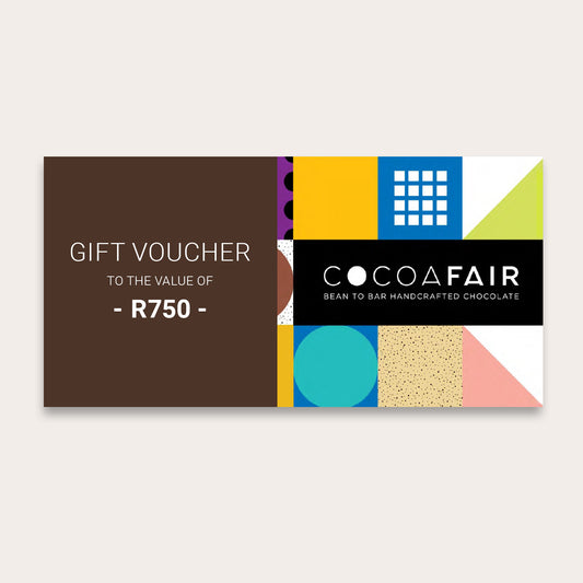 Digital card with text reading "Gift Voucher to the Value of R750" and cocoafair geometric pattern and logo