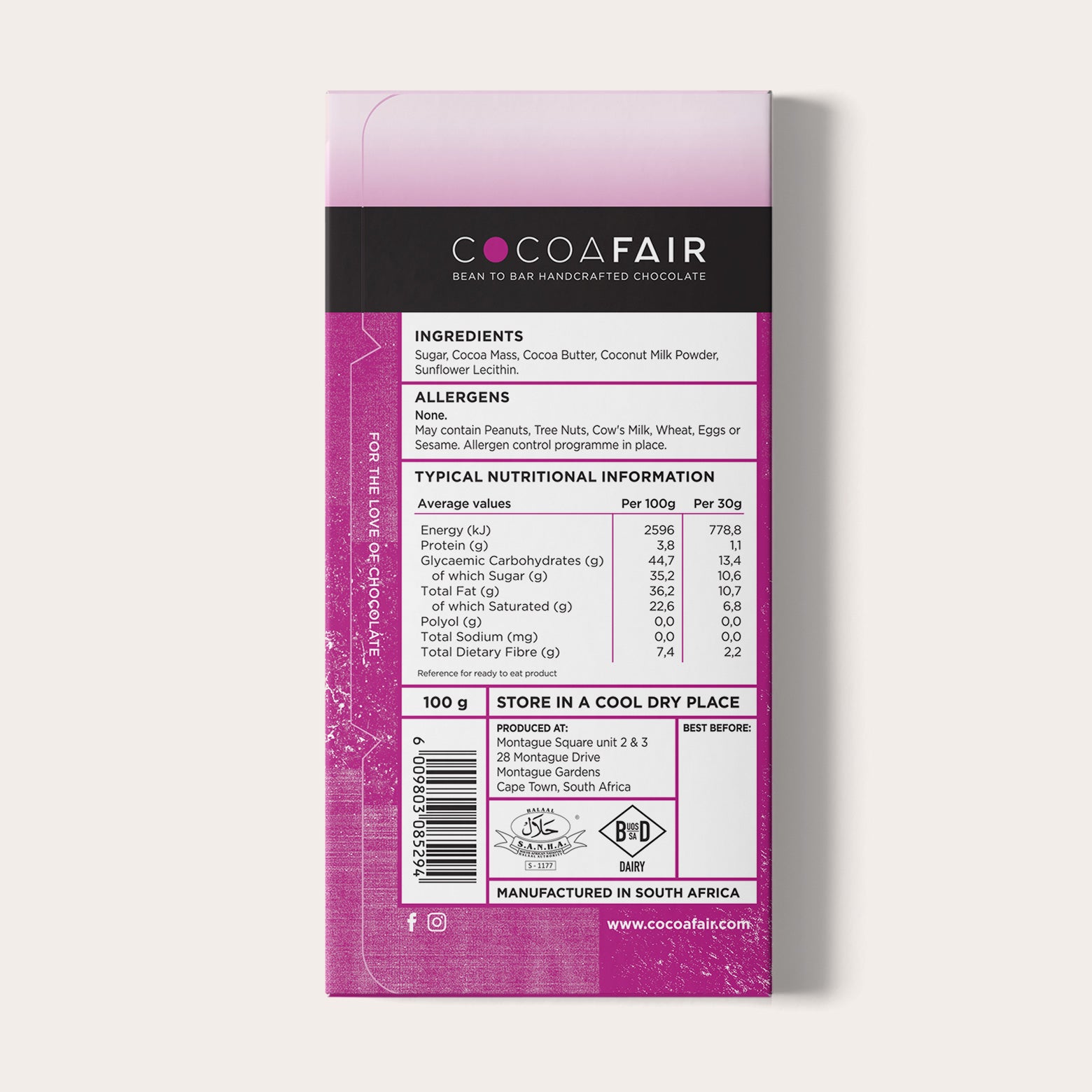 COCOAFAIR 100g 45% MYLK Chocolate Packaging shot - Back view, purple packaging on white background. Vegan Chocolate