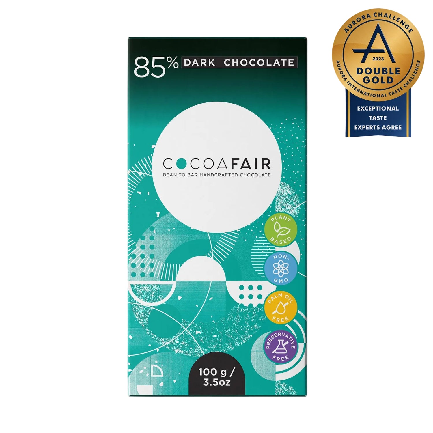 COCOAFAIR 100g 85% Dark Chocolate Packaging shot - Front view, Purple packaging on white background. Award winning Double Gold in the Aurora Challenge