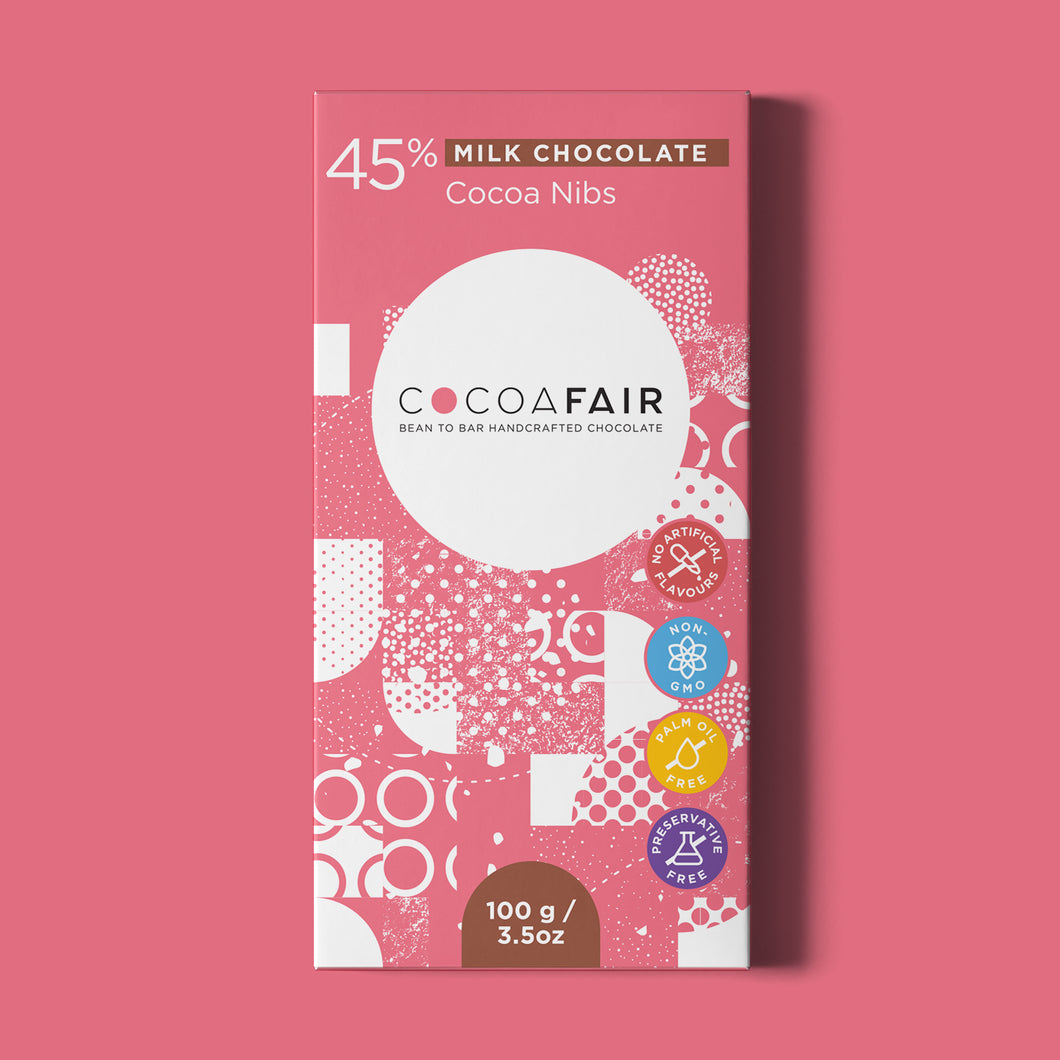 45% Milk Chocolate with Cocoa Nibs - 100g